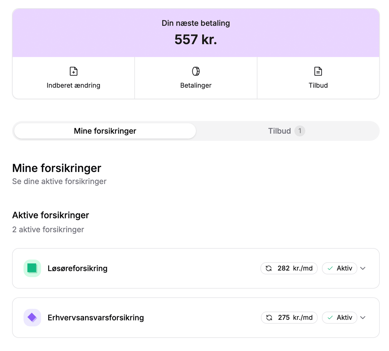 Overblik over betalinger og dækninger Interface