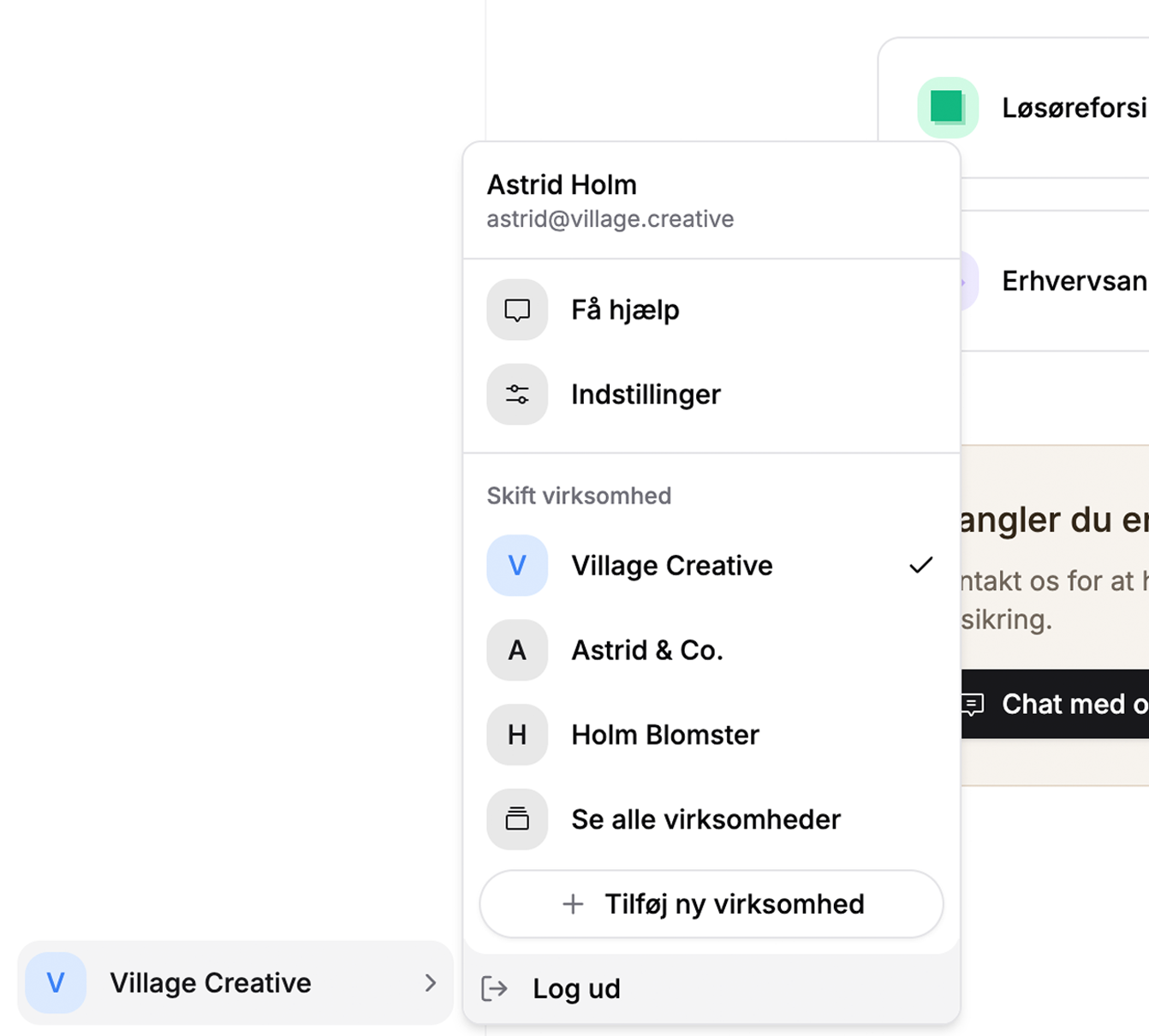 Én konto - flere virksomheder Interface